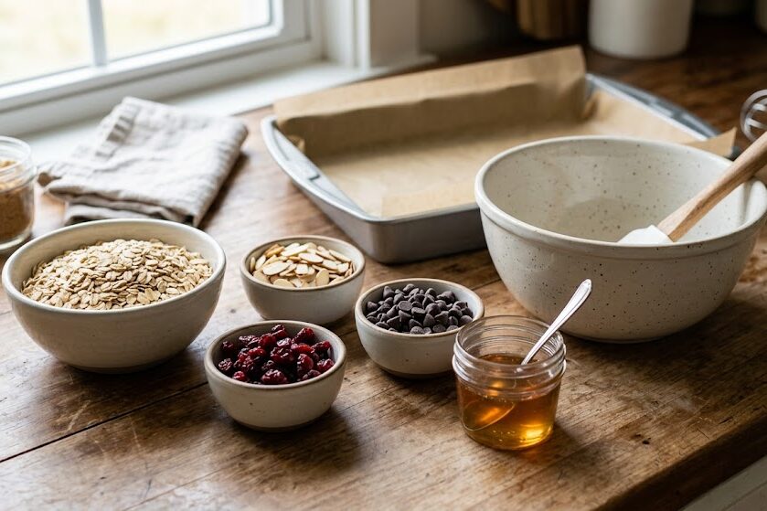 Prepare granola bars ingredients at home setup