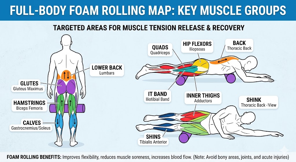 Target foam roll sore muscles areas for full body recovery