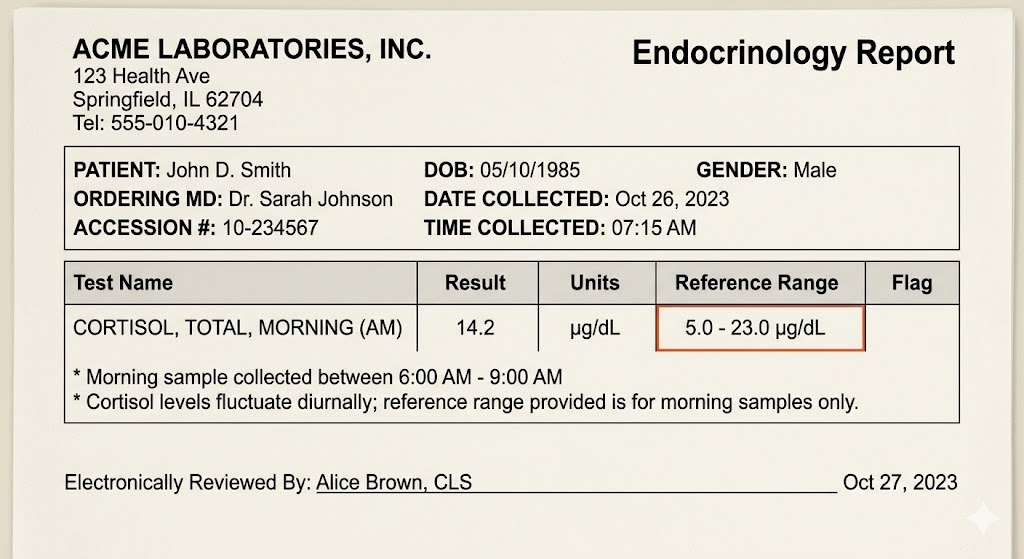 Understand cortisol blood test results with morning range