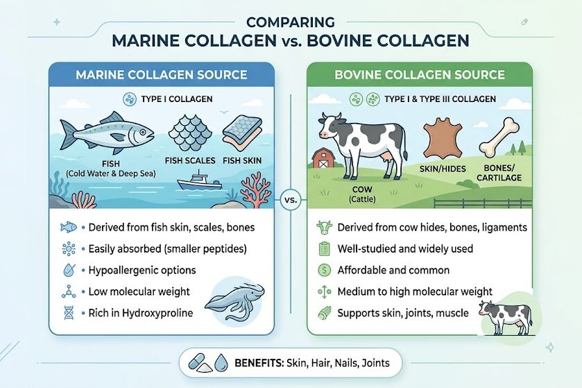 Compare marine collagen and bovine collagen for skin benefits