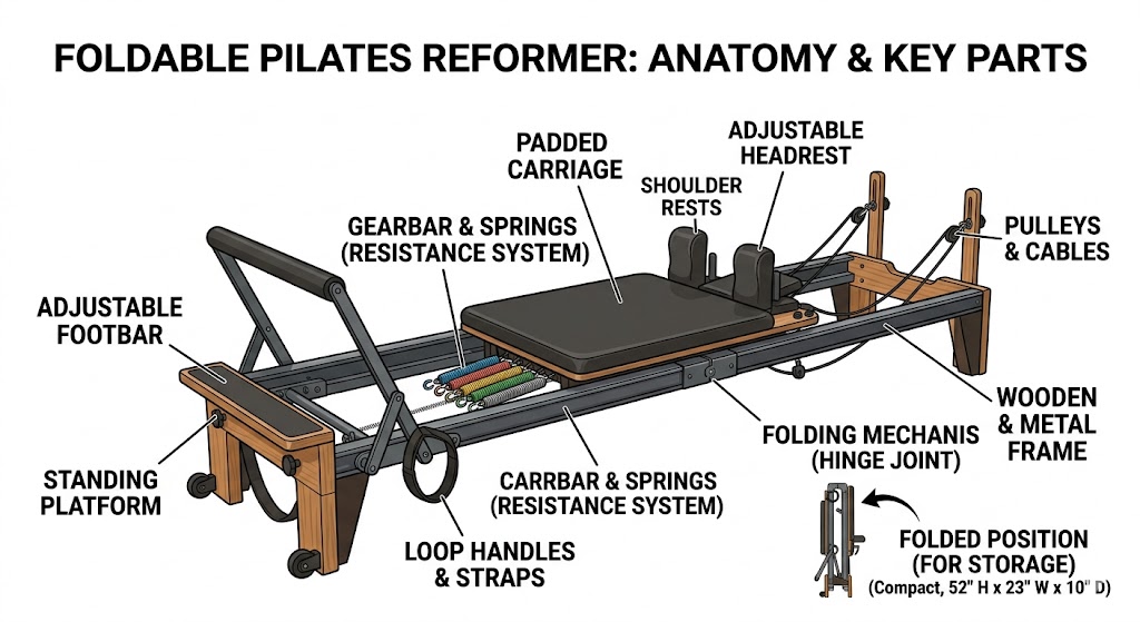 Understand foldable Pilates reformer components for home workouts