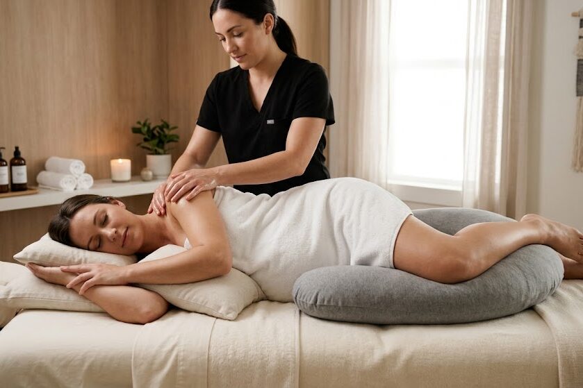 Experience prenatal massage positioning during pregnancy session