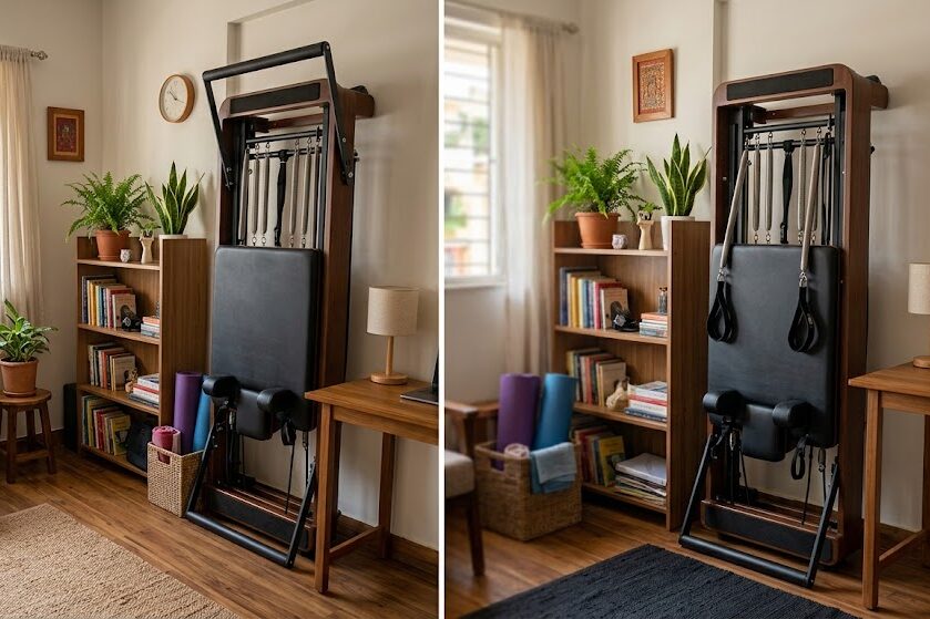 Store foldable Pilates reformer in small apartment