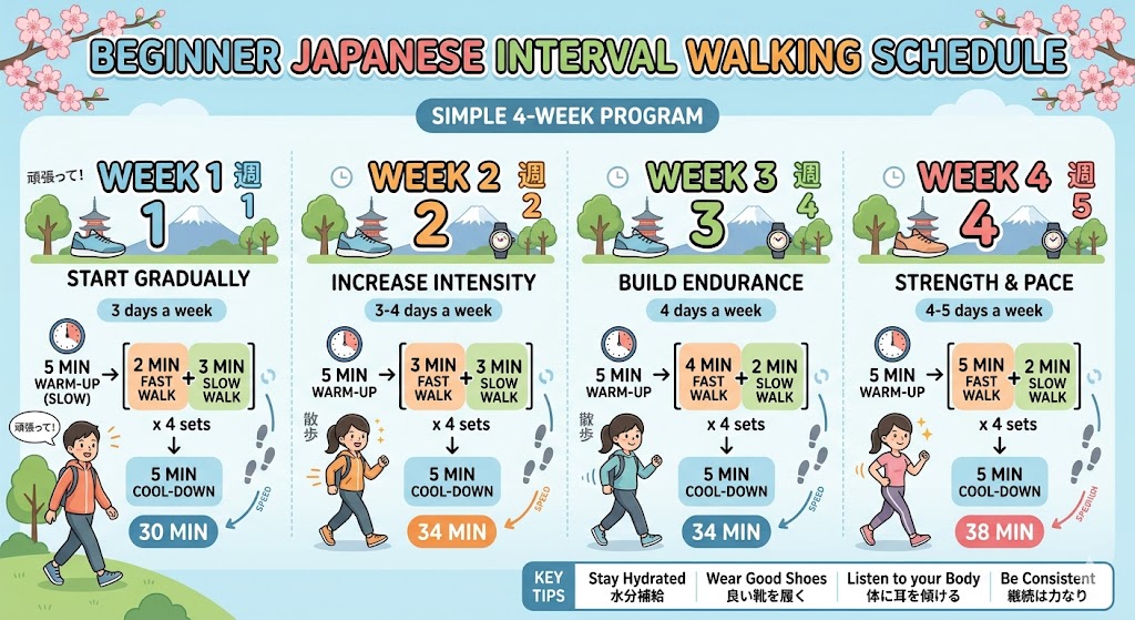 Follow beginner Japanese interval walking routine