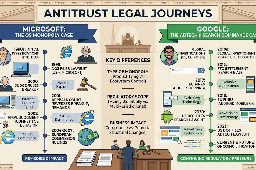 Compare Google antitrust case with Microsoft monopoly lawsuit