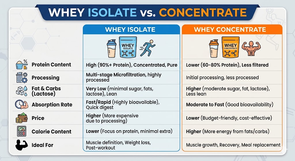 Compare whey isolate vs concentrate for muscle growth