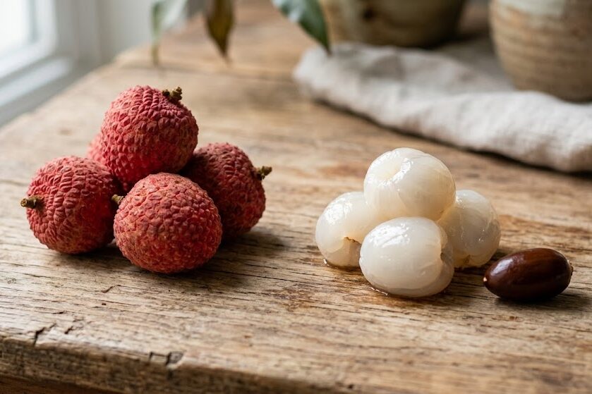 Identify fresh lychee fruit and peeled lychee flesh