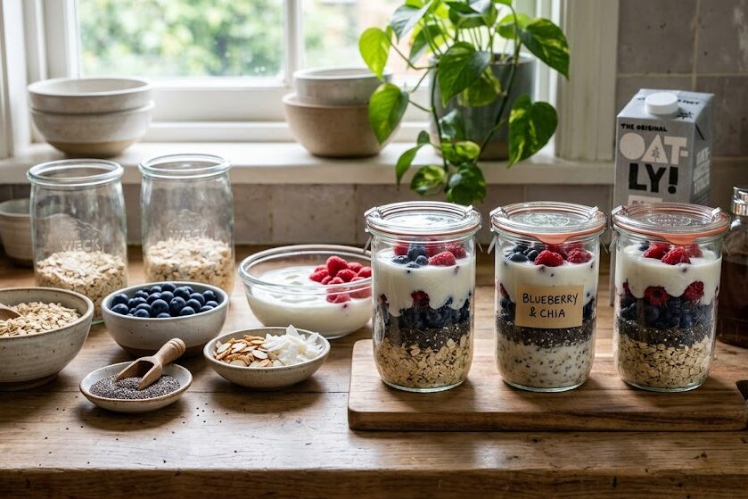 Organize overnight oats meal prep ingredients