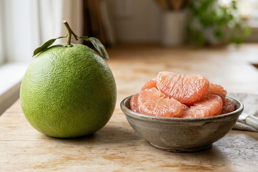 Compare pomelo fruit texture and appearance