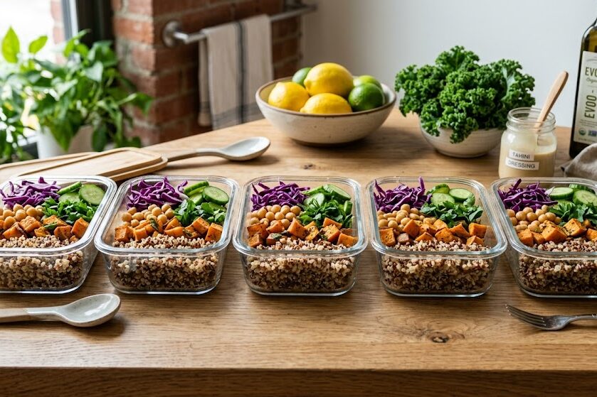 Organize quinoa meal prep containers for weekly healthy eating