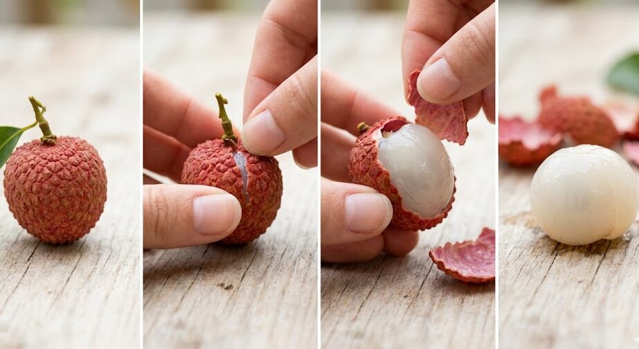 Step-by-step peeling process for fresh lychee