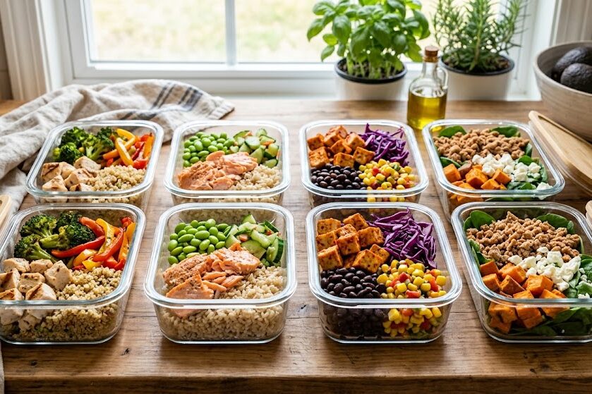 Prepare buddha bowl ingredients for weekly meal prep