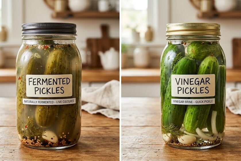 Compare fermented pickle juice and vinegar pickle juice