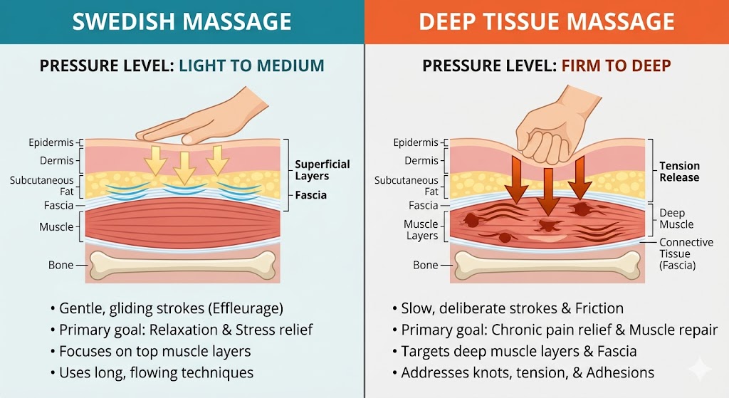 Compare Swedish vs deep tissue massage pressure