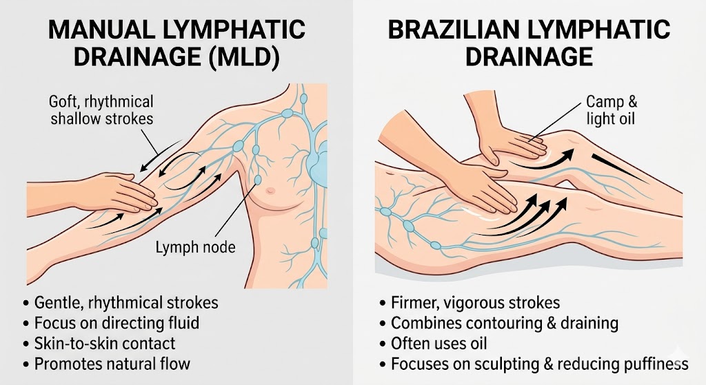 Compare Brazilian lymphatic drainage massage techniques