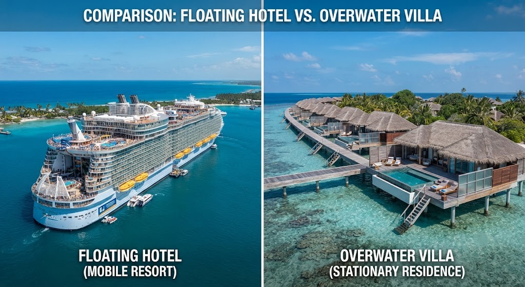 Floating hotel versus overwater villa comparison