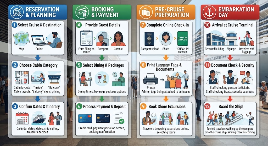 Flowchart illustrating the cruise booking process from reservation to embarkation.