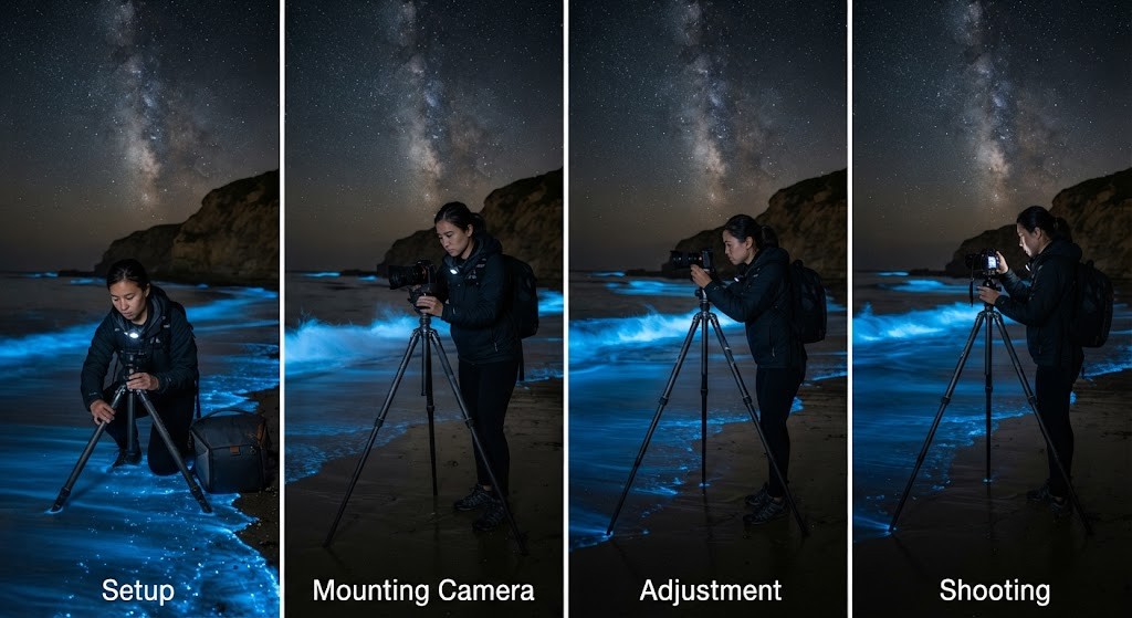 Photograph bioluminescent beaches using long exposure
