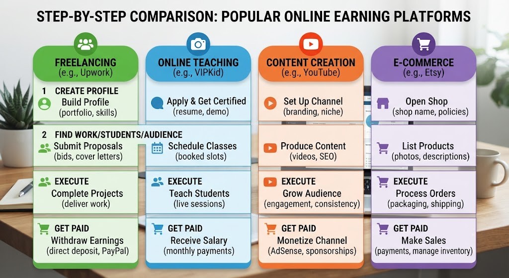 Compare online earning platforms for beginners