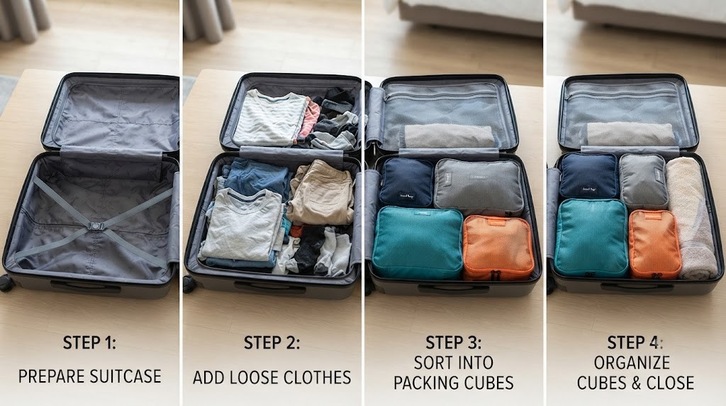 Organize luggage using packing cubes