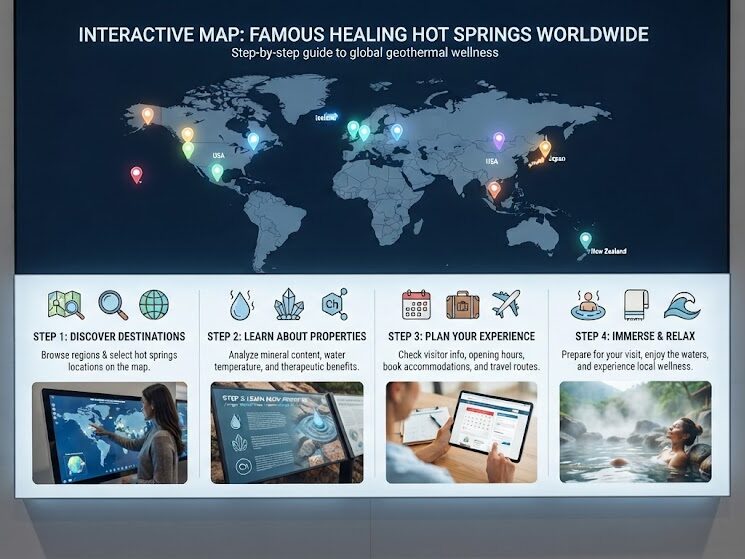 Compare healing hot springs destinations on a travel map