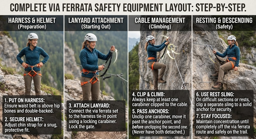 Prepare via ferrata equipment before mountain climbing