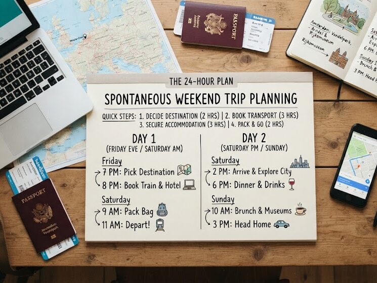 Plan a 24-hour spontaneous trip with a flexible weekend itinerary