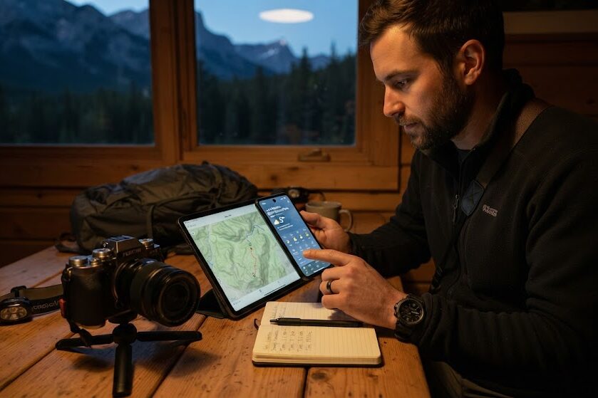 Check weather maps and sunrise information for travel photography