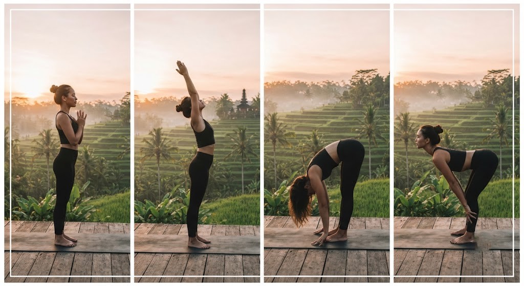 Practice yoga retreat in Bali overlooking rice terraces
