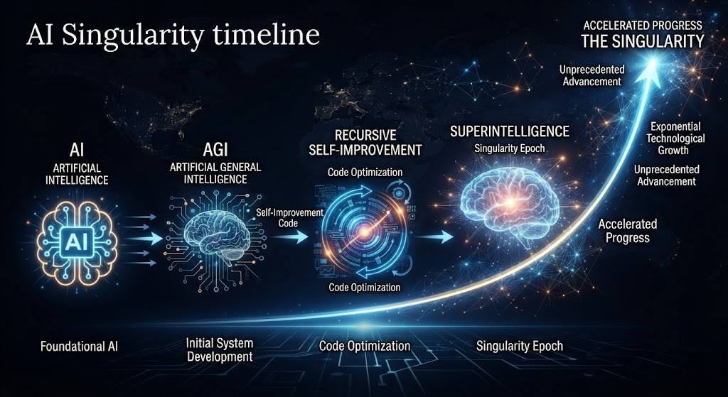Visualize the AI singularity progression from AGI to superintelligence