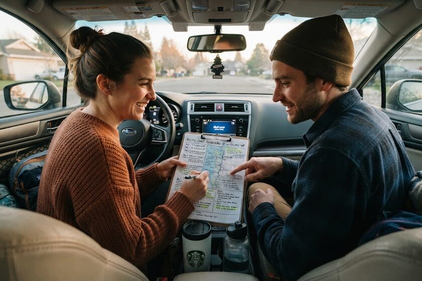 Review a couple road trip itinerary before departure