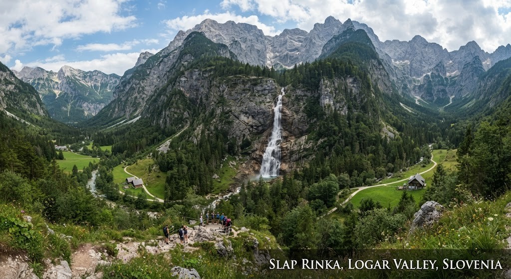 Photograph Logar Valley and Rinka Waterfall in Slovenia