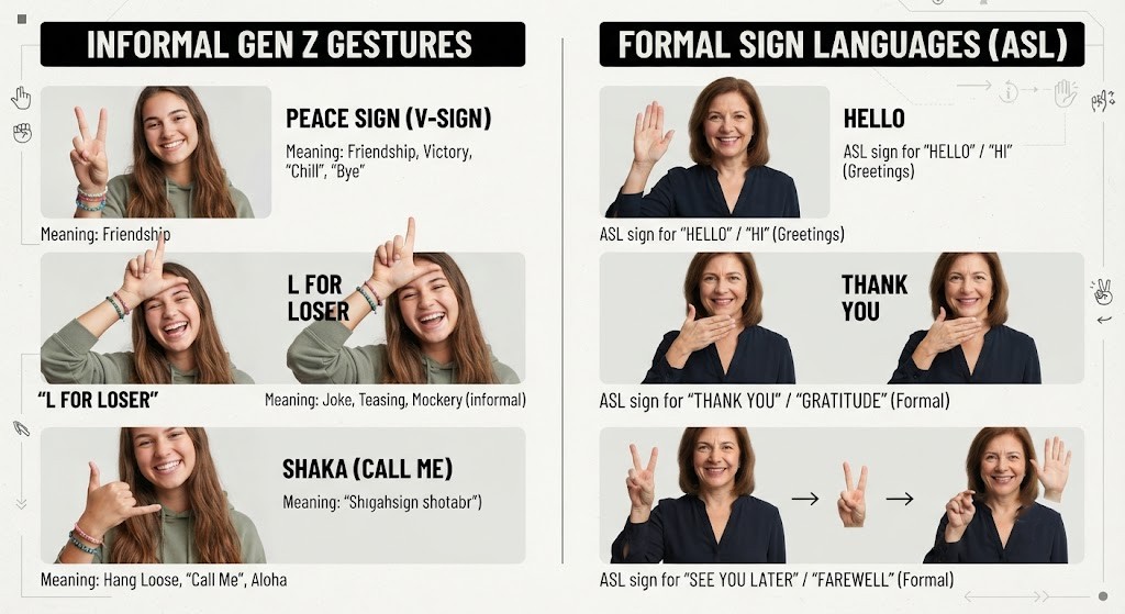 Compare Gen Z hand gestures with formal sign language