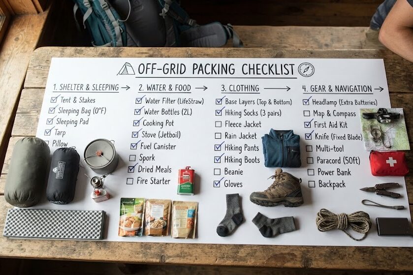 Pack essential gear for an off grid vacation