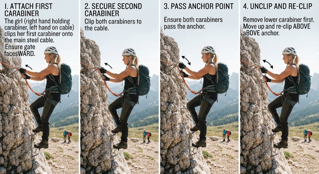 Use via ferrata lanyard correctly on steel cable