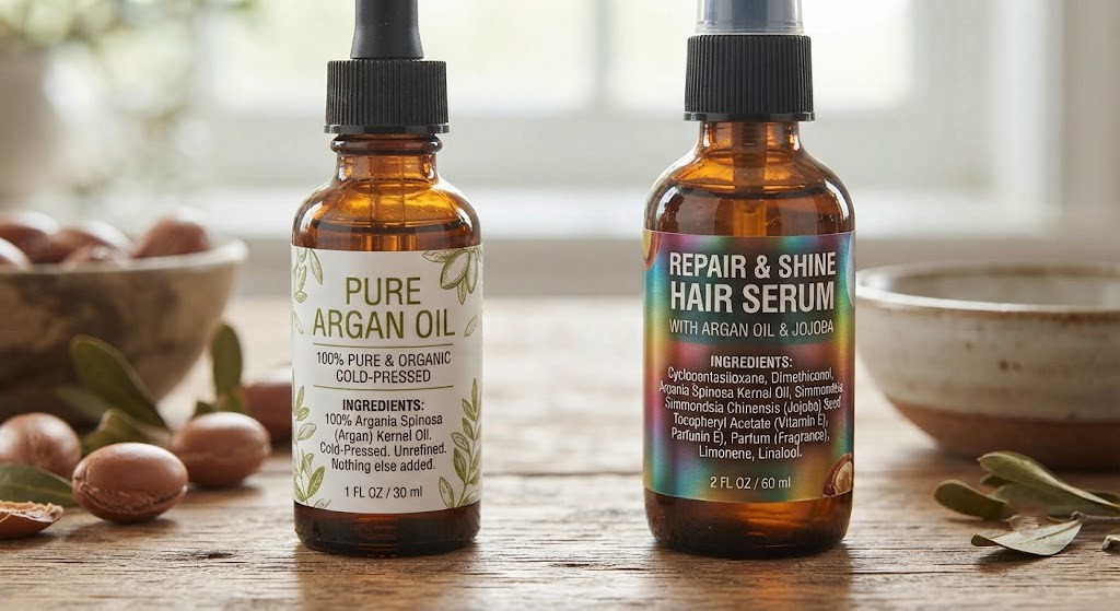 Compare pure argan oil ingredients for hair care