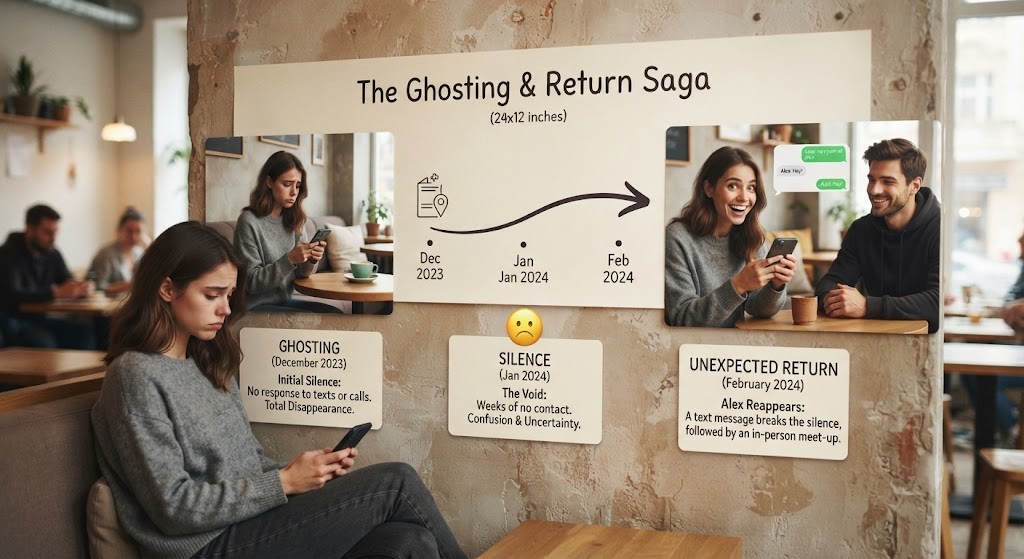 Illustrate zombieing in dating with a ghosting-to-return timeline