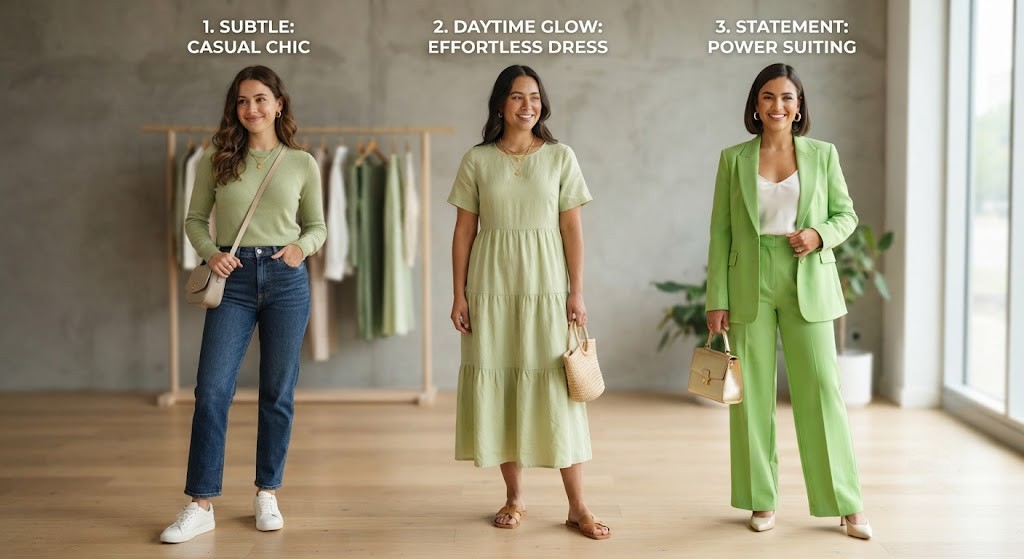 Style pistachio green outfits with neutral, casual, and statement combinations