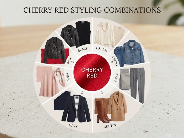 color-wheel-style diagram showing cherry red in the center with black, cream, denim, gray, brown, navy, and pink surrounding it as styling combinations