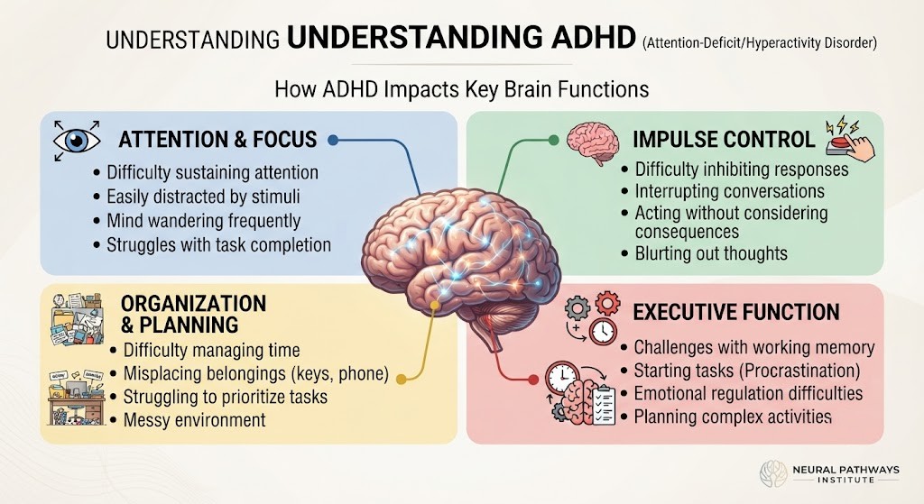Show how ADHD affects attention and executive function