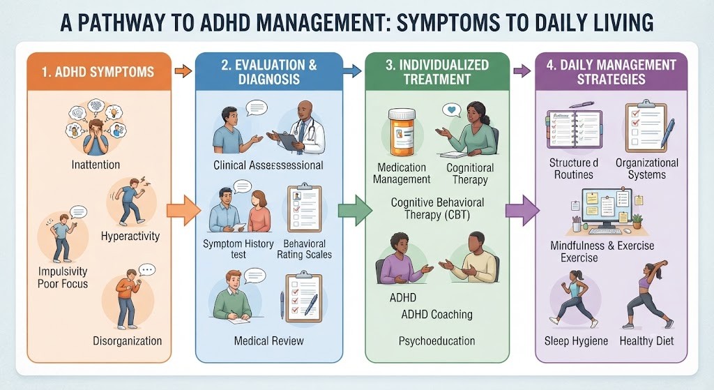 Explain ADHD symptoms diagnosis treatment and management