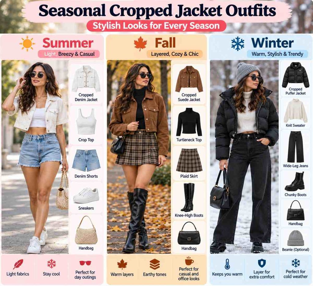 Compare cropped lady jacket outfits for different seasons