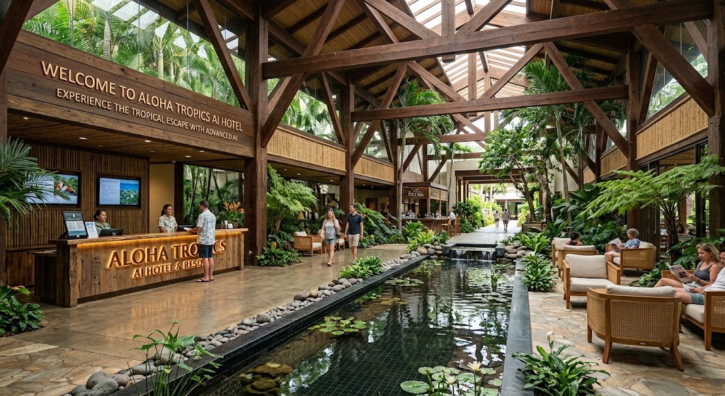 Tropical hotel lobby AI design featuring indoor plants and natural materials