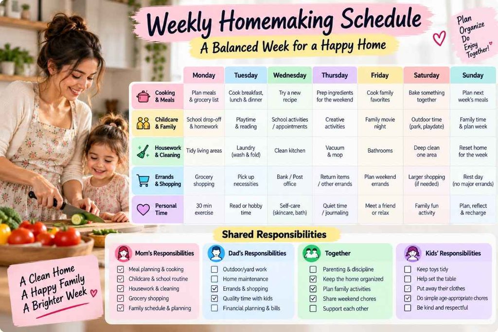 Organize traditional homemaking tasks with a weekly household schedule