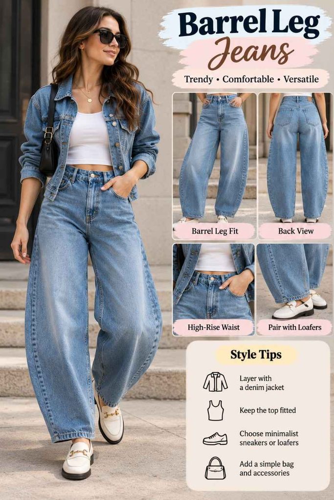 Double denim outfit with blue barrel leg jeans and a contrasting denim jacket