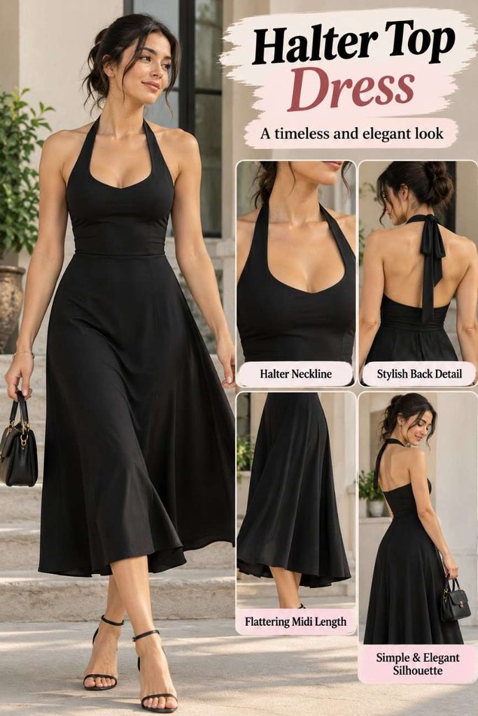 Black halter top midi dress with an elegant neckline and exposed shoulders