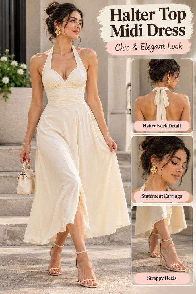 Cream halter dress styled with a bun and elegant accessories