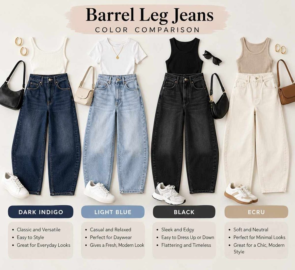 Different barrel leg jeans styles in blue, black, dark indigo, and ecru denim