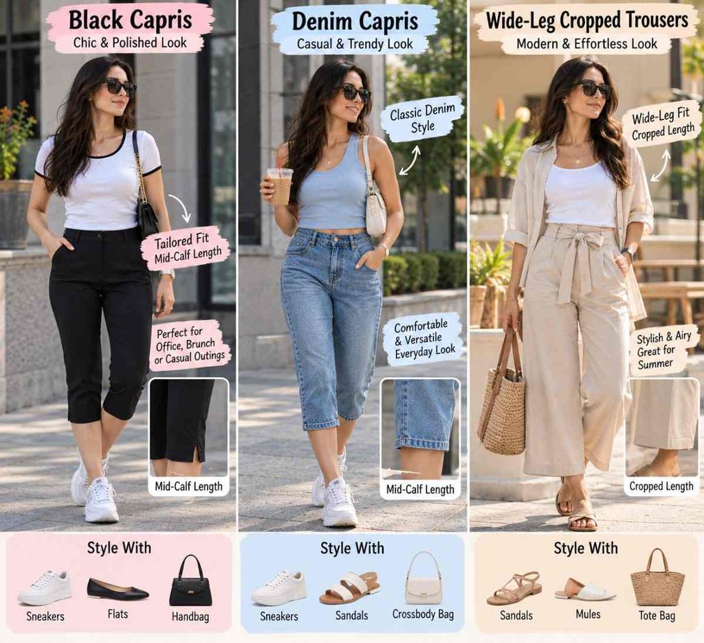 Trending capris and cropped pants in tailored, denim, and wide-leg styles