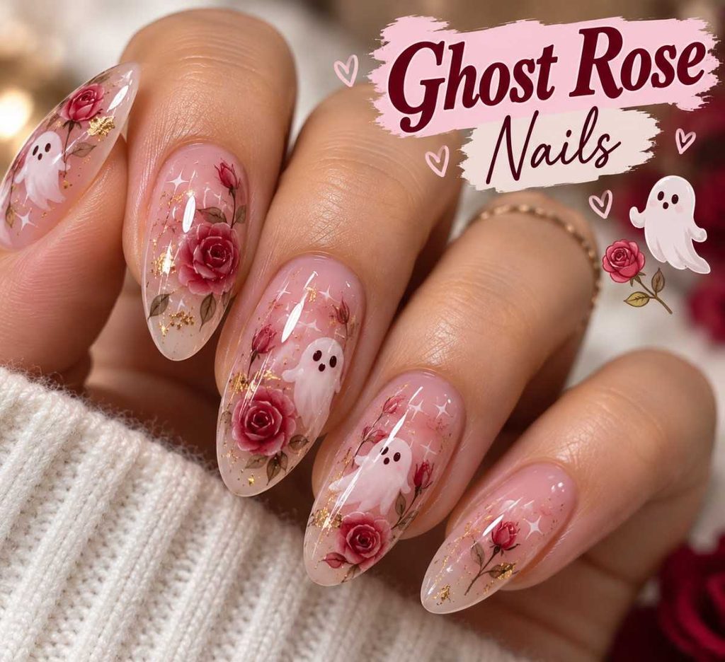 Ghost Rose Nails featuring pink roses and delicate white ghost nail art